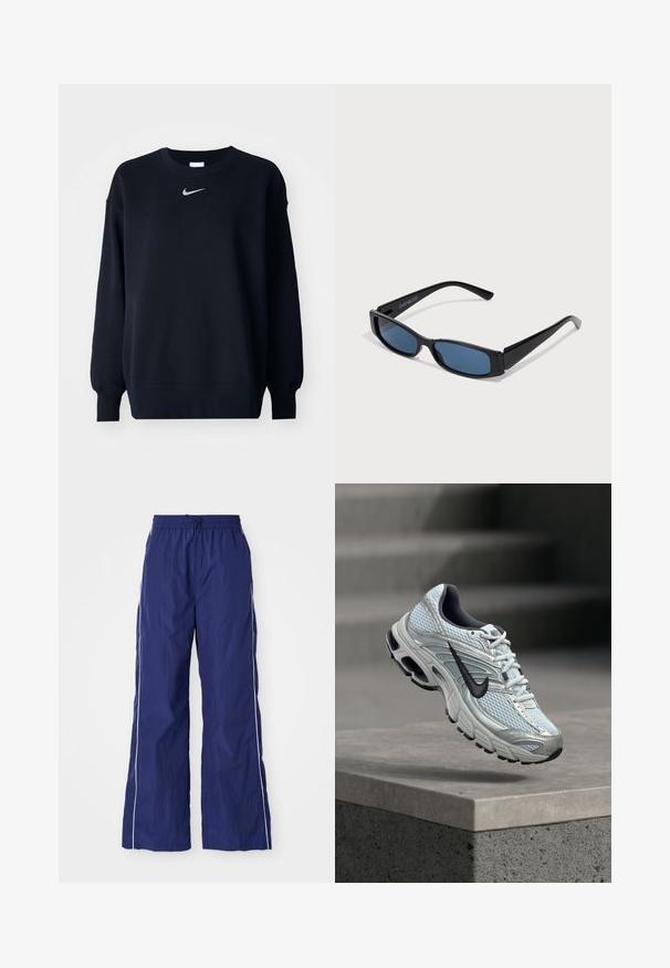 Čierna mikina vyrobená z bavlnenej zmesi; rebrovaný okrúhly výstrih, dlhé rukávy a elastické manžety; s malým strieborným logom Nike na hrudi.; Námornícky modré, ľahké nohavice s širokými nohavicami, elastickým pásom a šnúrkou, so bielymi bočnými pruhmi a zvrásnenou textúrou.; Bielo-sivá bežecká topánka Nike s čiernym logom vznášajúca sa nad betónovým hranolom na rozmazanom sivom pozadí.; Čierne slnečné okuliare s elegantným obdĺžnikovým rámom a modrými sklami. Majú hladký povrch a robustné ramienka. Na strane je logo značky.