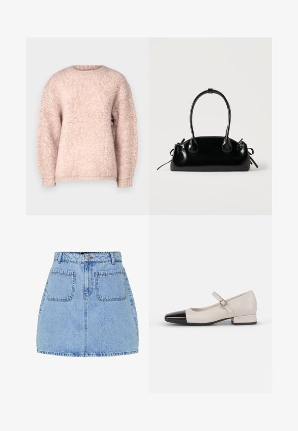 Pull léger rose fabriqué en tissu doux et texturé. Il possède un col rond et de longues manches légèrement bouffantes. L'ourlet est à côtes.; Mini-jupe en denim bleu clair avec taille haute, fermeture à boutons sur le devant et deux poches arrière. Présente des coutures contrastées et une coupe droite.; Chaussure de style Mary Jane en cuir crème avec un bout en vernis noir. Présente un bout rond, une sangle de cheville avec une boucle carrée et un petit talon carré.; Petit sac à main noir brillant avec deux longues anses et des détails à cordon sur les côtés sur un fond clair uni.