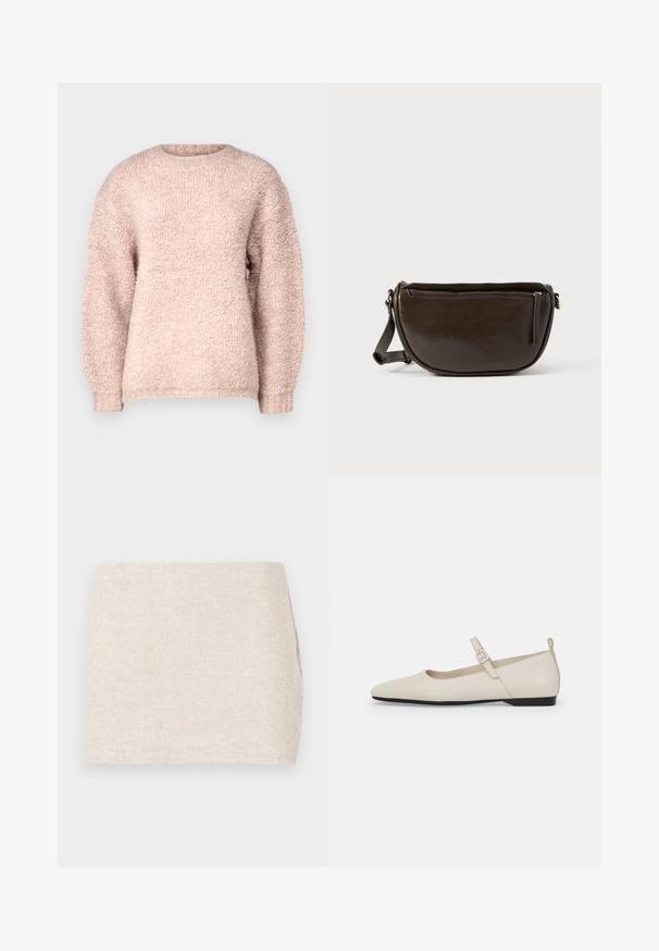 Pull léger rose fabriqué en tissu doux et texturé. Il possède un col rond et de longues manches légèrement bouffantes. L'ourlet est à côtes.; Jupe en lin beige au design minimaliste, présentant une texture lisse et un tissage subtil. Elle a une coupe droite et simple, sans fermetures visibles.; Ballerines en cuir blanc avec bout pointu, bride à la cheville et petit talon noir. Texture lisse avec des accents minimaux.; Sac bandoulière en cuir marron avec une forme arrondie, doté d'une fermeture éclair supérieure et d'une poche latérale zippée. Texture lisse avec une finition mate.