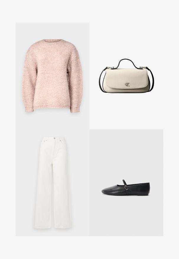 Pull léger rose fabriqué en tissu doux et texturé. Il possède un col rond et de longues manches légèrement bouffantes. L'ourlet est à côtes.; Jeans large à taille haute blancs en denim. Comprend des poches avant, une fermeture à bouton et des détails d'ourlet effiloché.; Ballerines noires en cuir avec un bout pointu, une semelle plate et une petite sangle avec un détail de boucle en argent.; Sac à main rectangulaire crème avec bandoulière et poignée noires, fermeture à rabat à l'avant, et petit logo argenté « cK » au centre devant.