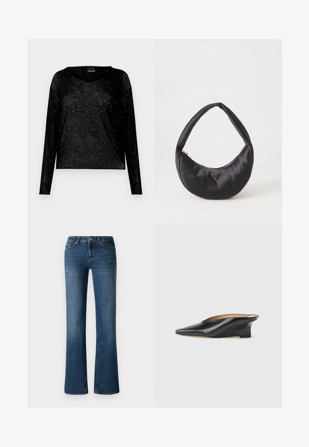 Sort langærmet V-hals top lavet af letvægtsstof med spredte metalliske accenter for et tekstureret udseende.; Mørkeblå denim jeans med flared ben design, der har subtile fading og slidte detaljer nær lår- og knæområdet.; Sort laklæder kilehæl sko med spids tå og åben hæl, der har et elegant, buet design og minimalistisk stil.; Sort satin håndtaske med en buet form, der har en lynlåslukning og et trekantet logo i metal på forsiden. Glat tekstur og slankt design.