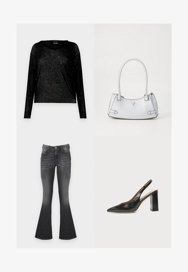 Haut noir à manches longues avec col en V, en tissu léger orné d'accents métalliques dispersés pour un effet texturé.; Jeans évasés gris foncé avec des détails délavés, bouton à l'avant, passants pour ceinture et style cinq poches.; Chaussure slingback en cuir noir à bout pointu avec un talon bloc haut et une doublure intérieure beige sur un fond clair uni.; Sac à main argenté avec un design structuré, doté de deux poignées, d'une texture brillante, de quincaillerie accentuée et d'un logo triangulaire sur le devant.