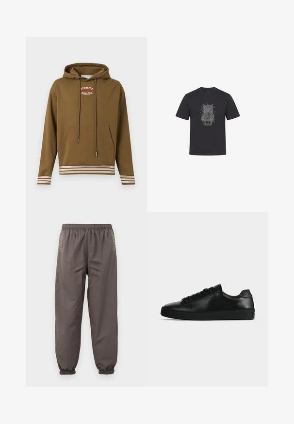 Sweat à capuche marron avec poche avant, capuche à cordon, poignets et ourlet rayés blancs et marron, et logo "ICEBERG Milano Italia" blanc et rouge sur la poitrine.; T-shirt noir à manches courtes avec un croquis détaillé d'un ours en peluche et le texte Closure Lion imprimé sous l'ours au centre devant.; Pantalons gris foncé à taille élastique avec une coupe décontractée. Présentent des poignets froncés et une broderie subtile sur les côtés. Tissu léger.; Basket basse en cuir noir avec lacets noirs et semelle épaisse noire, vue de profil sur fond gris clair.