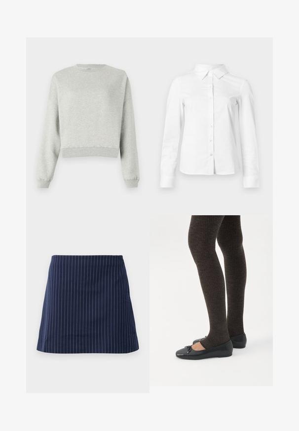 Grauer Sweatshirt aus weichem, strukturiertem Stoff. Mit Rundhalsausschnitt, langen Ärmeln und cropped Saum. Einfaches Design, keine Muster oder Akzente.; Weißes langärmeliges Hemd mit spitzem Kragen, geradem Saum und taillierter Silhouette, auf hellem, einfarbigem Hintergrund dargestellt.; Marineblaue Rock mit dünnen weißen vertikalen Streifen und einem geraden, knielangen Schnitt, auf einem schlichten weißen Hintergrund präsentiert.; Beine in dunklen, gerippten Leggings kombiniert mit schwarzen Ballerinas mit kleinen Schleifendetails auf weißem Hintergrund.