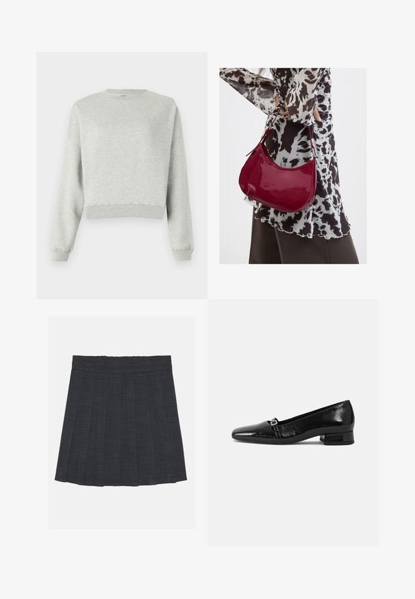 Grauer Sweatshirt aus weichem, strukturiertem Stoff. Mit Rundhalsausschnitt, langen Ärmeln und cropped Saum. Einfaches Design, keine Muster oder Akzente.; Dunkelgrauer, plissierter Rock mit elastischem Bund, aus einem strukturierten Stoff und in klassischer A-Linie. Geeignet für die Freizeit.; Schwarze Lackleder-Ballettschuhe mit spitzem Zehenbereich, niedrigem quadratischem Absatz und einem kleinen metallischen Schnallenakzent am Riemen. Glatte Textur.; Frau trägt eine schwarz-weiß gemusterte Bluse und hält eine glänzende rote Schultertasche vor einem einfarbigen Hintergrund.