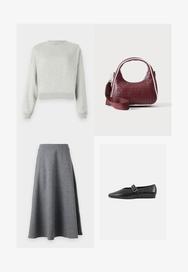 Grauer Sweatshirt aus weichem, strukturiertem Stoff. Mit Rundhalsausschnitt, langen Ärmeln und cropped Saum. Einfaches Design, keine Muster oder Akzente.; Grauer, knielanger Rock aus weichem, dehnbarem Material, mit einem ausgestellten Design und einem elastischen Bund für zusätzlichen Komfort.; Schwarze Lederflachschuhe mit spitzem Zehenbereich, ausgestattet mit einem metallischen Riemen über dem Spann und einer niedrigen, flexiblen Sohle.; Dunkelrote gewebte Ledertasche mit gebogenem Griff, weißem Besatz, silbernem Reißverschluss und abnehmbarem breitem Stoff-Schulterriemen vor einfarbigem Hintergrund.