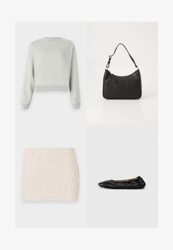 Grauer Sweatshirt aus weichem, strukturiertem Stoff. Mit Rundhalsausschnitt, langen Ärmeln und cropped Saum. Einfaches Design, keine Muster oder Akzente.; Beige Leinenrock mit minimalistischer Gestaltung, der eine glatte Textur und subtile Webart aufweist. Er hat einen geraden, schlichten Schnitt ohne sichtbare Verschlüsse.; Schwarze Leder-Ballettschuhe mit gerafften Details am Kragen, runder Spitze und flexiblem Gummisohle. Ganze Oberfläche mit glatter Textur.; Schwarze Lederhandtasche mit geschwungener Form, einem einzigen Tragegurt, Reißverschlussverschluss und dezentem Branding auf der Vorderseite. Glatte Textur, minimalistisches Design.