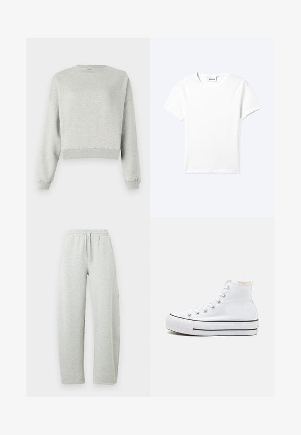 Grijze sweatshirt gemaakt van zacht, gestructureerd stof. Heeft een ronde halslijn, lange mouwen en een verkorte zoom. Eenvoudig ontwerp, geen patronen of accenten.; Effen wit T-shirt met korte mouwen en ronde hals met een klein "WEEKDAY" label aan de binnenkant van de hals, plat neergelegd op een lichte achtergrond.; Lichtgrijze joggingbroek met een elastische tailleband en trekkoord. De stof heeft een zachte textuur en rechtvallende, losse pijpen.; Witte hoge sneakers van canvasmateriaal, zwarte rubberen zool en contrasterende zwarte streep op de tussenzool. Circulaire neus en vetersluiting.