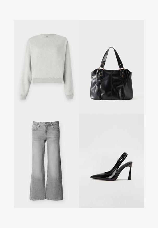 Grauer Sweatshirt aus weichem, strukturiertem Stoff. Mit Rundhalsausschnitt, langen Ärmeln und cropped Saum. Einfaches Design, keine Muster oder Akzente.; Graue Jeans mit hoher Taille und weitem Bein, vorn mit Knöpfen und Reißverschluss sowie fünf Taschen, auf weißem Hintergrund präsentiert.; Schwarze Lackleder Slingback-Pumps mit spitzem Zehenbereich, schlankem hohen Absatz und doppeltem elastischen Riemen für einen sicheren Sitz. Glatte, glänzende Oberfläche.; Schwarze Leder-Schultertasche mit doppelten Trägern, befestigt durch goldene Ringe und Nieten, glatte und leicht glänzende Oberfläche, schlichtes Design.