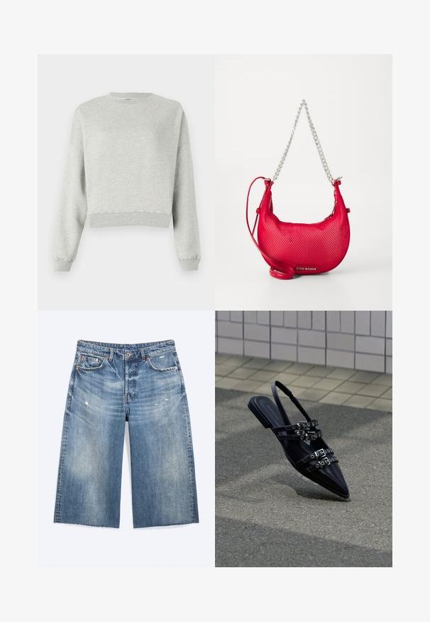 Grijze sweatshirt gemaakt van zacht, gestructureerd stof. Heeft een ronde halslijn, lange mouwen en een verkorte zoom. Eenvoudig ontwerp, geen patronen of accenten.; Blauwe denim knielange shorts met lichte slijtage, voorzakken, riemlussen en een knoopsluiting.; Zwarte sandaal met platte zool en spitse neus, voorzien van meerdere gespsluitingen en een slingback, geplaatst boven een verhard oppervlak en een tegelmuur op de achtergrond.; Rode netstof handtas met een gebogen vorm, zilveren kettingdetails en een verstelbare schouderband. Heeft een merkinsignia aan de voorkant.