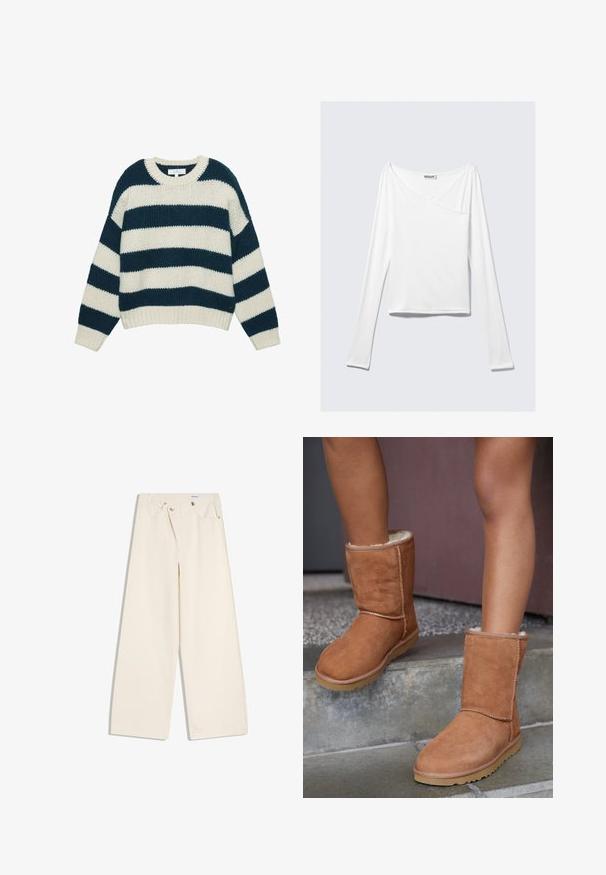 Pull en tricot avec rayures horizontales bleu marine et crème, col rond, poignets et ourlet côtelés. Confectionné dans un tissu doux et texturé.; Haut blanc à manches longues avec un design croisé et une poche. Fabriqué dans un tissu lisse et extensible. Coupé dans une coupe décontractée et ample.; Pantalon large couleur écru avec poches avant, passants pour ceinture, et boutons argentés sur la ceinture et les bords des poches.; Bottines en suede marron, à bout rond, avec une doublure douce et une semelle en caoutchouc, présentant des détails de couture visibles le long des coutures.