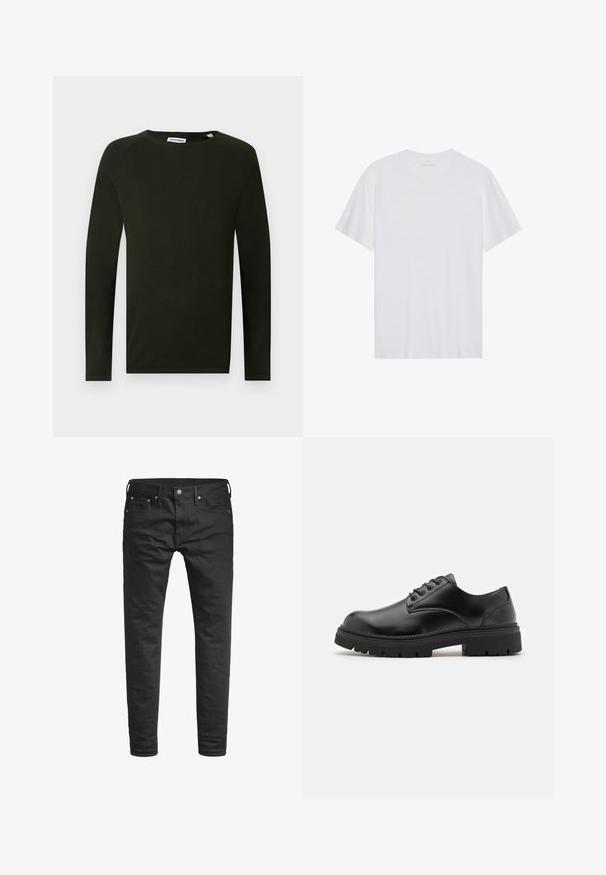 Chemise en tricot à manches longues vert foncé avec un col rond, présentant un tissu texturé et des poignets ajustés. Étiquette visible au niveau du col.; T-shirt en coton blanc à manches courtes, col rond et texture lisse. Présente un branding minimal au niveau du col.; Jeans noirs slim-fit avec poches avant, passants de ceinture, et fermeture à bouton, présentés sur un fond blanc.; Chaussures en cuir noir avec un bout rond, un laçage et une semelle en caoutchouc épaisse et texturée. Présente des coutures le long du bord et une finition lisse.