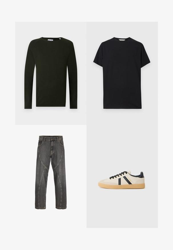 Camiseta de punto de manga larga en verde oscuro con escote redondo, que presenta un tejido texturizado y puños ajustados. Etiqueta visible en el cuello.; Camiseta negra de manga corta hecha de suave tela de algodón. Cuello redondo con un ajuste relajado, que presenta líneas limpias y simples sin patrones visibles.; Vaqueros negros lavados con un diseño único de costuras curvas en la parte delantera y diseño estándar de cinco bolsillos.; Zapatillas casuales en crema con rayas negras, con parte superior texturizada y suela de goma. Los cordones son negros. Logo sutil en el costado.