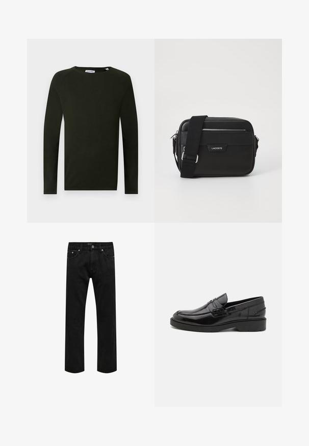 Mørkegrøn langærmet striktrøje med rund hals, der har en tekstureret overflade og tætsiddende manchetter. Etiket synlig ved halsen.; Sorte denimjeans med lige ben, klassisk fem-lomme design og knaplukning ved taljen, vist fladt på en hvid baggrund.; Sorte læder loafers med en glat finish, rund tå, lav hæl og dekorativ syning langs forsiden. Gummisål for godt greb.; Sort messenger taske lavet af struktureret syntetisk materiale, med sølvhardware, justerbar rem og med et frontlogo-plakette samt lynlås lukning.