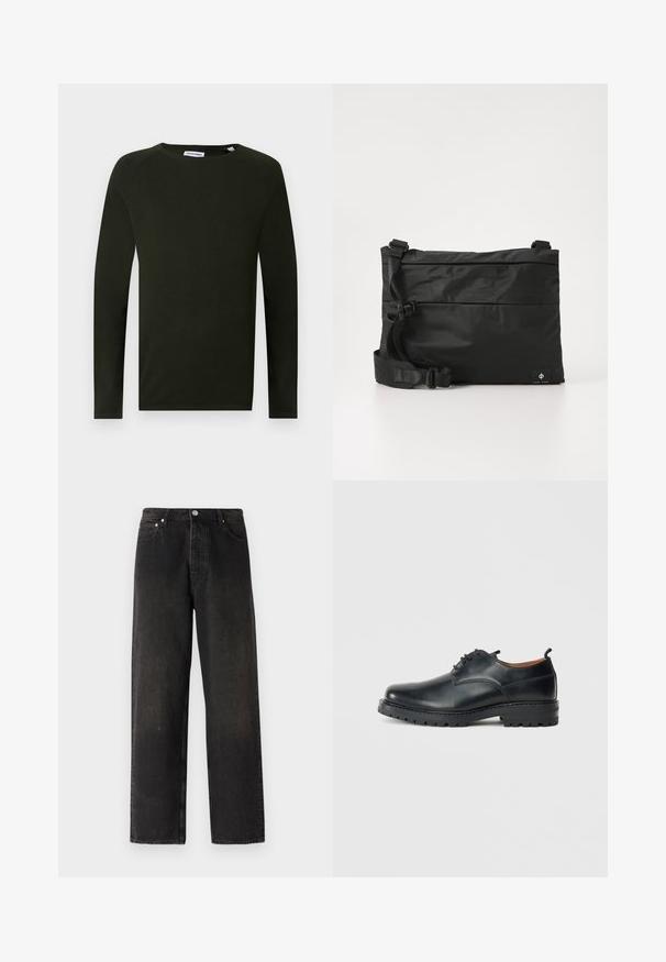 Mørkegrøn langærmet striktrøje med rund hals, der har en tekstureret overflade og tætsiddende manchetter. Etiket synlig ved halsen.; Sorte denim jeans med lige ben, der har en fem-lomme stil, messingknap og subtile teksturvariationer på stoffet.; Sorte læder derby-sko med en glat overflade, rund tå, snøre-design og en tyk, robust gummisål.; Sort nylon messenger-taske med justerbar rem, fladt design og et sideetiket med et logo. Glat tekstur og minimalistisk stil.