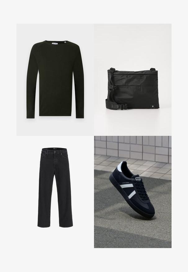 Mørkegrøn langærmet striktrøje med rund hals, der har en tekstureret overflade og tætsiddende manchetter. Etiket synlig ved halsen.; Sorte denim jeans med lige ben, knap- og lynlåslukning, bæltestropper samt for- og baglommer.; Sort lædersneaker med hvide striber, tekstureret gummisål og snørrebånd foran. Har et brandet mærke på tungen.; Sort nylon messenger-taske med justerbar rem, fladt design og et sideetiket med et logo. Glat tekstur og minimalistisk stil.