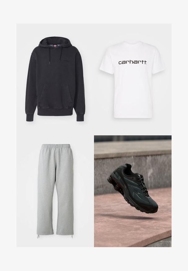 Sort hættetrøje lavet af bomuldsblandet stof, med en frontlomme i kangaroo-stil og ribbede manchetter og kant. Subtilt logo på brystet.; Hvid bomulds t-shirt med korte ærmer og rund halsudskæring. Har et stort "carhartt" logo i mørkebrun på tværs af brystet.; Grå sweatpants med elastisk talje, lige ben og snoretræk ved kanten. Fremstillet af blødt, struktureret stof.; Sort atletisk sneaker med synligt luftdæmpende mellemsål, der svæver over en pink stenoverflade med en grå stenvæg i baggrunden.