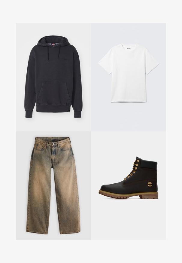 Sort hættetrøje lavet af bomuldsblandet stof, med en frontlomme i kangaroo-stil og ribbede manchetter og kant. Subtilt logo på brystet.; Hvid kortærmet crewneck T-shirt lagt fladt ud, ensfarvet design, med "WEEKDAY" mærkat inde i kraven på en lys baggrund.; Vide denim jeans i en falmet brun farve med en lys vask. Har det traditionelle design med fem lommer og synlige sømdetaljer.; Sorte læder ankelstøvle med gyldne øjer, brune detaljer og gummisål. Har en polstret krave og præget logo på siden.