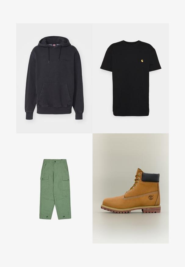 Sort hættetrøje lavet af bomuldsblandet stof, med en frontlomme i kangaroo-stil og ribbede manchetter og kant. Subtilt logo på brystet.; Sort bomulds t-shirt med korte ærmer, rund halsudskæring og et lille gult logo på venstre brystområde. Enkel design og almindelig pasform.; Grøn cargo-bukser med afslappet pasform, to store sidelommer og justerbare ankelmanchetter. Fremstillet af tekstureret bomuldsstof.; Brun læderankelstøvle med sort krave, gule snørebånd og tanfarvet sål. Har logo og hvide syninger som detalje. Robust ydersål med greb.