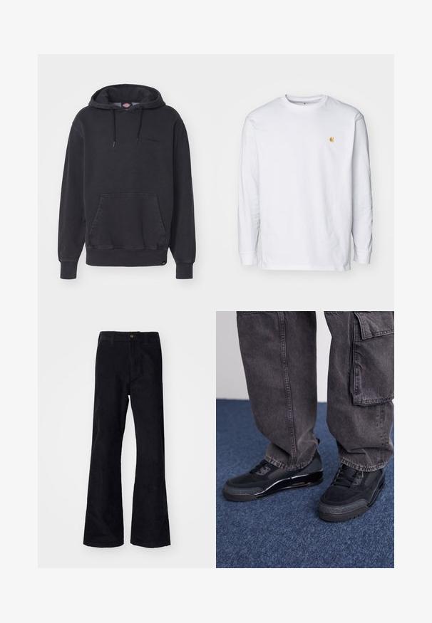 Sudadera con capucha negra hecha de una mezcla de algodón, que presenta un bolsillo frontal tipo canguro y puños y dobladillo acanalados. Logo sutil en el pecho.; Camiseta de manga larga blanca de algodón. Cuenta con un pequeño logo dorado en el pecho y un cuello redondo. Diseño simple y corte estándar.; Pantalones de algodón negros acampanados con una cinturilla tradicional, un solo botón frontal y bolsillos a los lados y en la parte posterior. Textura suave.; Zapatillas deportivas negras con una superficie texturizada, acentos suaves y una suela gruesa, combinadas con pantalones cargo oscuros y holgados.