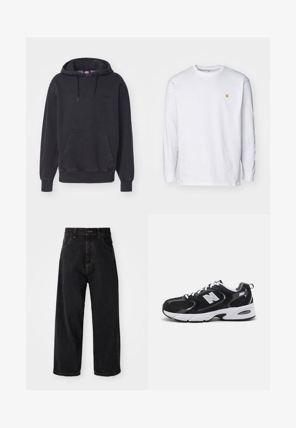 Sort hættetrøje lavet af bomuldsblandet stof, med en frontlomme i kangaroo-stil og ribbede manchetter og kant. Subtilt logo på brystet.; Hvid langærmet t-shirt lavet af bomuld. Har et lille gyldent logo på brystet og en rund halsudskæring. Enkel design og standard pasform.; Sorte denim jeans med vide ben og høj talje, frontknap, lynlås samt gule syninger på lommer og sømme.; Sorte og grå sportssko med mesh og ruskind på overdelen, der har en hvid mellemsål, snørebånd og et iøjnefaldende "N" logo på siden.