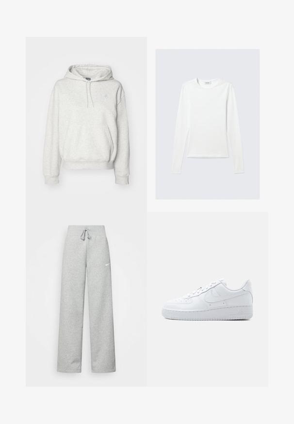 New Balance ESSENTIALS HOODIE - Φούτερ με κουκούλα - ash heather; Μπλούζα λευκή μονόχρωμη με μακριά μανίκια και στρογγυλή λαιμόκοψη, σε εφαρμοστή γραμμή, εμφανιζόμενη σε ανοιχτό γκρι φόντο.; Γκρίζα φόρμα με ελαστική μέση, λεπτομέρεια με κορδόνι και μικρό λευκό λογότυπο Nike στο αριστερό μηρό. Μαλακό ύφασμα, χαλαρή εφαρμογή.; Λευκό χαμηλό sneaker Nike Air Force 1 με κλείσιμο με κορδόνια, διάτρητο μπροστινό μέρος και το χαρακτηριστικό λογότυπο swoosh στο πλάι.