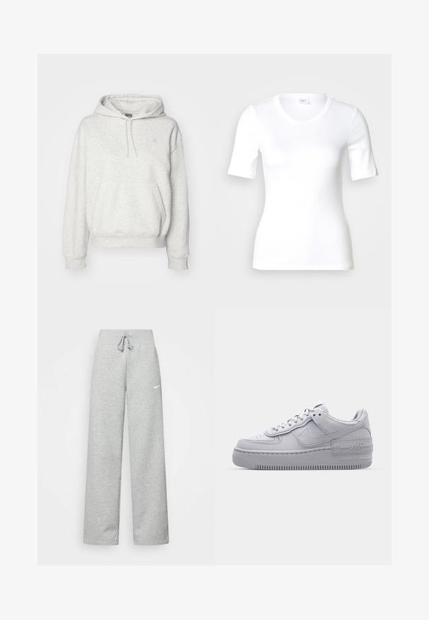 New Balance ESSENTIALS HOODIE - Kapuutsiga pusa - ash heather; Valge lühikeste varrukatega T-särk, mis on valmistatud siledast puuvillast, ümar kaelusega ja keha järgiva lõikega. Klassikaline disain, ilma mustrite või aktsentideta.; Hallide higi värvi spordipüksid, elastse vöökoht ja paelaga detail, millel on vasakul reiel väike valge Nike logo. Pehme kangas, laiem lõige.; Hallitus hallid Nike Air Force 1 sneakerid, millel on augustatud varvas, siledast nahast ülemine osa, paks tall ning reljeefne 'AIR' detail kontsapadjal.