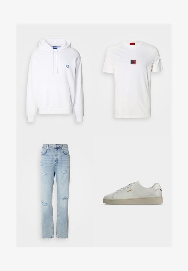 Λευκή hoodie με μπροστινή τσέπη, κουκούλα με κορδόνι και λογότυπο μπλε χαμογελαστού προσώπου στο στήθος. Φτιαγμένη από μαλακό βαμβακερό υλικό.; Λευκό βαμβακερό t-shirt με μικρό ορθογώνιο λογότυπο σε κόκκινο και μαύρο, τοποθετημένο στο κέντρο του στήθους. Κοντά μανίκια, σχέδιο με στρογγυλή λαιμόκοψη.; Ανοιχτού μπλε τζιν παντελόνι με άνετη εφαρμογή, που διαθέτει φθαρμένα σημεία και σκισμένες άκρες. Το ύφασμα έχει μαλακή, λεία υφή.; Λευκό χαμηλό παπούτσι με μπεζ σόλα, χρυσό λογότυπο "HUGO" στο πλάι και κόκκινη λεπτομέρεια στο τακούνι, εμφανίζεται σε πλάγια όψη.