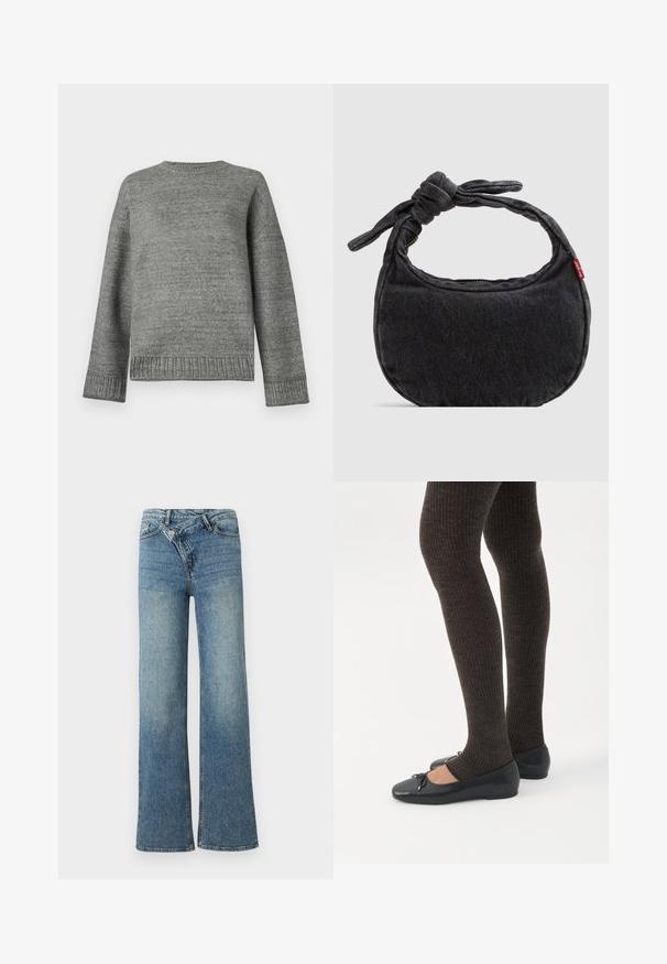 Grå strikket sweater med rund halsudskæring, sænkede skuldre og ribbede manchetter og kant. Glat tekstur med en ensfarvet overflade og minimal dekoration.; Lyseblå denim jeans med vide ben og høj talje, let falmet effekt og knaplukning foran. Har fem lommer og minimal syning.; Ben iført mørke ribbede leggings kombineret med sorte balletsko med små sløjfedetaljer på hvid baggrund.; Lille sort denim skuldertaske med knyttet rem og lynlåslukning, med en rød Levi's stofetiket på siden.