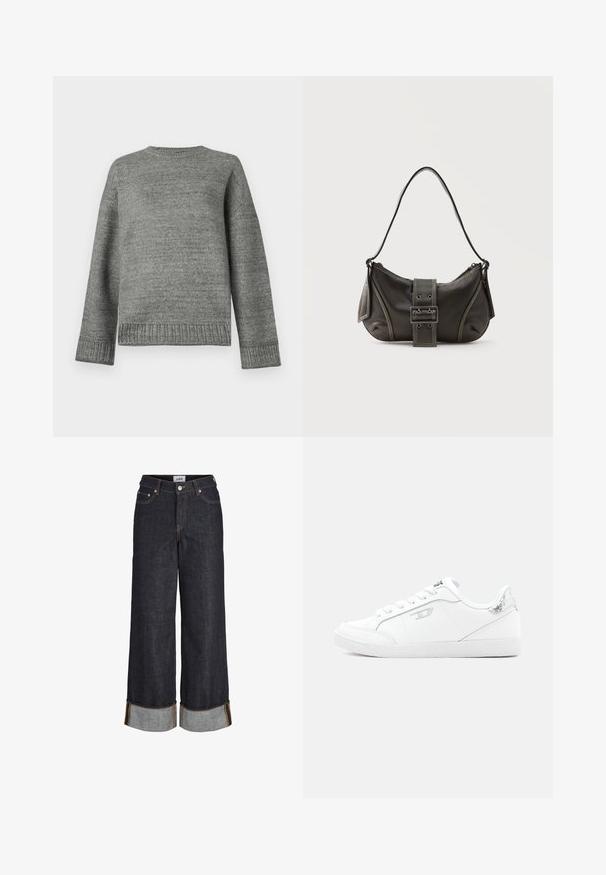 Grå strikket sweater med rund halsudskæring, sænkede skuldre og ribbede manchetter og kant. Glat tekstur med en ensfarvet overflade og minimal dekoration.; Mørkeblå jeans med brede ben og opbuk ved kanterne, fem lommer og kontrastfuld gul syning.; Hvide sneakers lavet af syntetisk læder med en tekstureret hvid sål og en metallisk sølvaccent på hælen. Buet design med snørebånd.; Sort læder skuldertaske med spænde på remmen, afrundede kanter og kontrasterende hvide syninger på en ensfarvet baggrund.