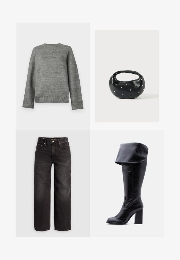 Pull en tricot gris à encolure ronde, épaules tombantes, et poignets et ourlet côtelés. Texture lisse avec une couleur unie et un minimum de détails.; Levi's® BAGGY DAD - Jean baggy - shrink up; Botte haute en cuir noir avec talon, bord plié et bout arrondi, debout sur un fond blanc.; Sac à main en cuir noir de forme arrondie, décoré de clous argentés et équipé d'une poignée courte. Texture lisse et fermeture éclair.