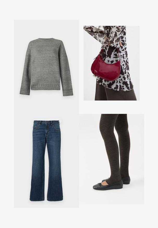 Grå strikket sweater med rund halsudskæring, sænkede skuldre og ribbede manchetter og kant. Glat tekstur med en ensfarvet overflade og minimal dekoration.; Mørkeblå jeans med vide ben og klassisk design med fem lommer, der har knaplukning og diskret falming. Fremstillet af denimstof.; Ben iført mørke ribbede leggings kombineret med sorte balletsko med små sløjfedetaljer på hvid baggrund.; Kvinde iført en sort- og hvidmønstret bluse, der holder en blank rød skuldertaske mod en ensfarvet baggrund.