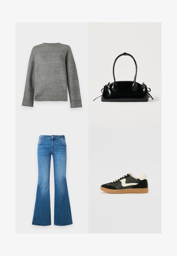 Pull en tricot gris à encolure ronde, épaules tombantes, et poignets et ourlet côtelés. Texture lisse avec une couleur unie et un minimum de détails.; Jean en denim bleu évasé avec une taille mi-haute, cinq poches et des détails décolorés sur les cuisses. Accents en métal argenté sur les boutons.; Baskets en daim et cuir noir avec un swoosh latéral crème et un talon crème clair. Dotées de lacets beige et d'une semelle en caoutchouc gomme.; Petit sac à main noir brillant avec deux longues anses et des détails à cordon sur les côtés sur un fond clair uni.