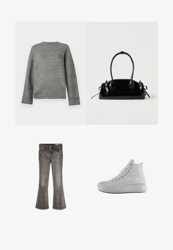 Grå strikket sweater med rund halsudskæring, sænkede skuldre og ribbede manchetter og kant. Glat tekstur med en ensfarvet overflade og minimal dekoration.; Udsvingende jeans i falmet sort denim med en let glans. Har fem lommer og kontrastsyninger langs kanterne.; Hvid højt canvas sneaksko med hvide snørebånd, metaløjer, tyk gummisål og tekstureret tåhætte, vendt mod venstre på en hvid baggrund.; Lille sort blank håndtaske med to lange håndtag og snøre-detaljer i siden på en ensfarvet lys baggrund.