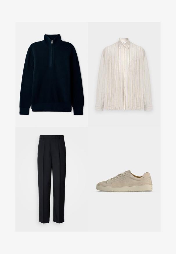 Navy blue high neck pullover with a half zipper, made of ribbed texture fabric and featuring long sleeves and a straight hem.; Men's long-sleeve button-up shirt with beige, white, and light brown vertical stripes and a single chest pocket.; Black pleated trousers made of smooth fabric, featuring a straight-leg cut and a standard waistband with belt loops.; Beige suede low-top sneaker with lace-up closure and thick rubber sole, shown from the side on a plain white background.
