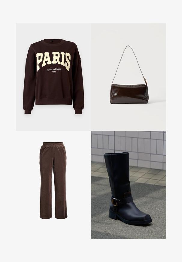 Sweat-shirt à col rond marron foncé avec de grandes lettres texturées "PARIS" et un texte plus petit "Avec Amour 1986" sous la poitrine.; Pantalon large en velours marron avec taille élastique et poches latérales, conçu pour un usage décontracté.; Botte en cuir noire mi-mollet avec un talon bas et une bride décorative avec boucle en métal, posée sur une surface pavée grise près d'un mur carrelé.; Sac à bandoulière rectangulaire en cuir marron foncé avec une seule sangle fine et une boucle dorée sur un fond uni.