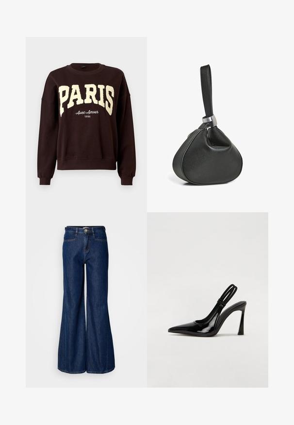 Sweat-shirt à col rond marron foncé avec de grandes lettres texturées "PARIS" et un texte plus petit "Avec Amour 1986" sous la poitrine.; Jean en denim foncé à jambe large avec une taille haute, cinq poches et fermeture à bouton en métal. Texture lisse et détails de couture subtils.; Escarpin en cuir verni noir à talon aiguille, à bout pointu, avec une sangle élastique double pour un maintien sécurisé. Surface lisse et brillante.; Sac bracelet en cuir noir avec une forme triangulaire douce et une large sangle attachée par une boucle en métal argenté.
