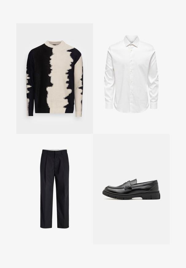 Strikket sweater med høj krave, dristigt sort-hvidt abstrakt mønster, tekstureret stof samt ribbede manchetter og kant.; Hvid herreskjorte med lange ærmer, spids krave og række af hvide knapper foran på ensfarvet baggrund.; Sorte bukser med lige ben med taljebånd, bæltestropper, frontlynlås og sidelommer vist på en hvid baggrund.; Sort læder loafersko med en bred rem over forfoden, gummisål med tykke mønstre og glat overflade. Klassisk, slankt design.