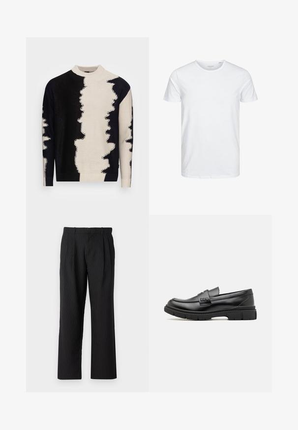Pull en tricot avec un col haut, motif abstrait noir et blanc audacieux, tissu texturé et bords côtelés au niveau des poignets et de l'ourlet.; T-shirt à col rond à manches courtes de couleur blanche unie, fabriqué en coton doux, avec un design simple sans motifs ni accents visibles.; Jack & Jones Classic Wide Leg Fit - Pantalon classique - black; Mocassin en cuir noir avec une large sangle sur le devant, semelle en caoutchouc à épaisse rainure, et texture lisse. Design classique et élégant.