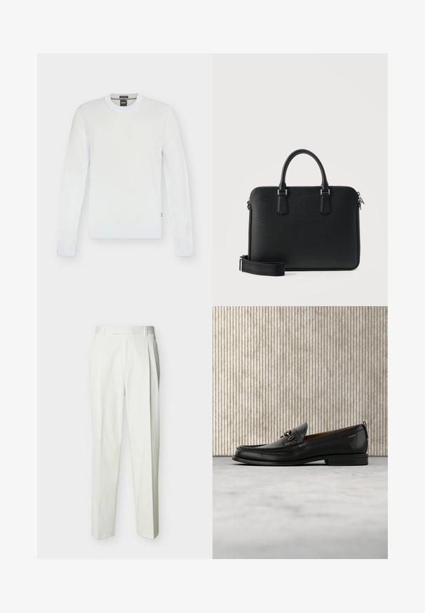 Pull blanc à manches longues col rond avec poignets et ourlet côtelés, design simple et étiquette de marque BOSS à l'intérieur du col.; Pantalon blanc ajusté taille haute avec passants de ceinture et plis sur le devant, présenté sur un fond uni.; Mocassin en cuir noir avec mors en métal doré et logo "HUGO", présenté sur un tapis beige et un meuble translucide marron.; Mallette en cuir noir avec double poignée, bandoulière amovible et fermeture éclair sur le dessus, sur un fond clair uni.