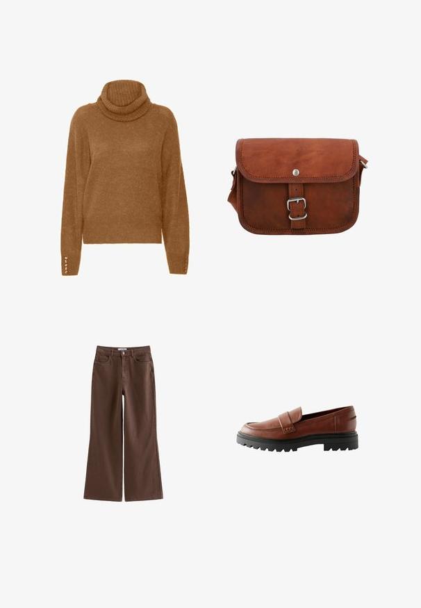 Pull à col roulé marron avec une finition douce et texturée et des manches longues. Présente des accents semblables à des perles sur les poignets.; Jean marron taille haute à jambes larges avec fermeture boutonnée et à glissière à l'avant, passants pour ceinture et cinq poches, présenté à plat sur fond blanc.; Mocassins en cuir marron avec un bout surélevé, une sangle décorative et une semelle en caoutchouc noir texturé avec un profil prononcé.; Sac en cuir marron à bandoulière, avec une fermeture à rabat, détail en boucle argentée et surpiqûres contrastées. Texture lisse et forme rectangulaire.