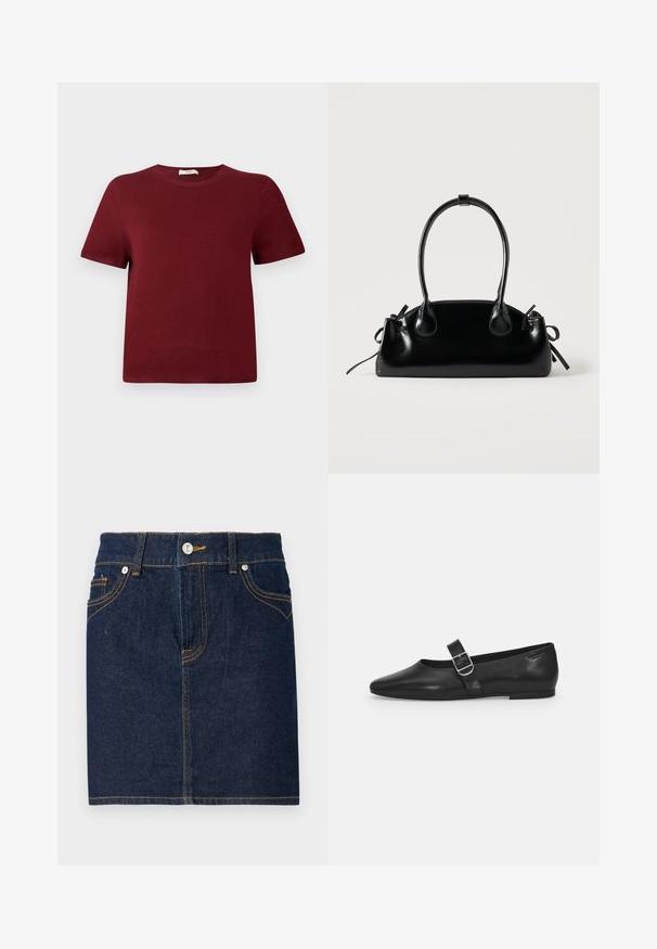 Pull à manches courtes couleur bordeaux en matière tricotée douce; encolure ronde, poignets et ourlet côtelés; design simple sans motifs ou accents visibles.; Jupe en denim bleu foncé avec des coutures visibles, design à cinq poches et fermeture par bouton à l'avant. Coupe droite avec un ourlet net.; Chaussure plate en cuir noir avec un bout arrondi, une seule sangle réglable à boucle et une texture lisse et brillante. Design minimaliste avec un petit talon.; Petit sac à main noir brillant avec deux longues anses et des détails à cordon sur les côtés sur un fond clair uni.