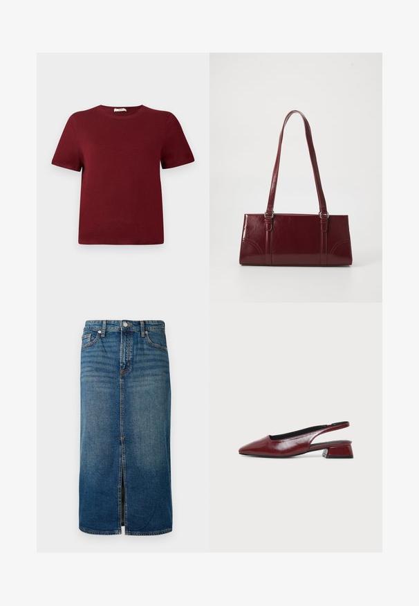 Pull à manches courtes couleur bordeaux en matière tricotée douce; encolure ronde, poignets et ourlet côtelés; design simple sans motifs ou accents visibles.; Jupe midi en denim bleu foncé avec une fente à l'avant, cinq poches et des coutures contrastées. Elle dispose d'une fermeture par bouton et zip à la taille.; Chaussure slingback en cuir marron avec bout pointu et petit talon carré, vue de profil sur fond clair uni.; Sac à main bordeaux en matériau brillant, de forme rectangulaire, avec deux anses et des accents légèrement courbés à l'avant.
