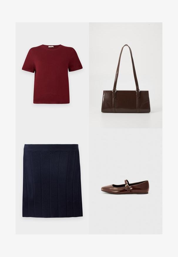 Pull à manches courtes couleur bordeaux en matière tricotée douce; encolure ronde, poignets et ourlet côtelés; design simple sans motifs ou accents visibles.; Object OBJTHESS - Minijupe - sky captain; Ballerine en cuir verni marron avec un bout carré et une lanière ornée d'une petite boucle dorée. Texture lisse, talon bas et design minimaliste.; Sac à main en cuir verni marron de forme rectangulaire, avec deux longues poignées et des accents courbés subtils à l'avant.