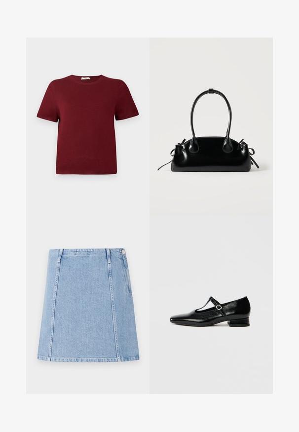 Suéter burdeos de manga corta hecho de material de punto suave; escote redondo, puños y dobladillo acanalados; diseño simple sin patrones o acentos visibles.; Falda de denim azul claro con corte recto, detalles de costura visibles y un bolsillo lateral. El material tiene una textura con un acabado suave.; Zapatos Mary Jane de cuero negro con punta puntiaguda, tacón pequeño de bloque y correa ajustable con hebilla plateada. Textura lisa y brillante.; Pequeño bolso negro brillante con dos asas largas y detalles de cordón lateral sobre un fondo claro liso.
