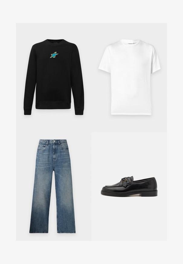 Sort langærmet crewneck sweatshirts med et lille broderet blågrønt stjernedesign centreret på brystet.; Hvid bomulds t-shirt med klassisk rund halsudskæring, korte ærmer og lige kant. Glat tekstur, uden mønstre eller accenter.; Blå denim bredbenede jeans med høj talje, subtilt slid, fem lommer og metalknaplukning foran.; Sorte læder loafers med rund tå og en dekorativ spændeaccent. Flad, solid hæl og glat tekstur hele vejen igennem.