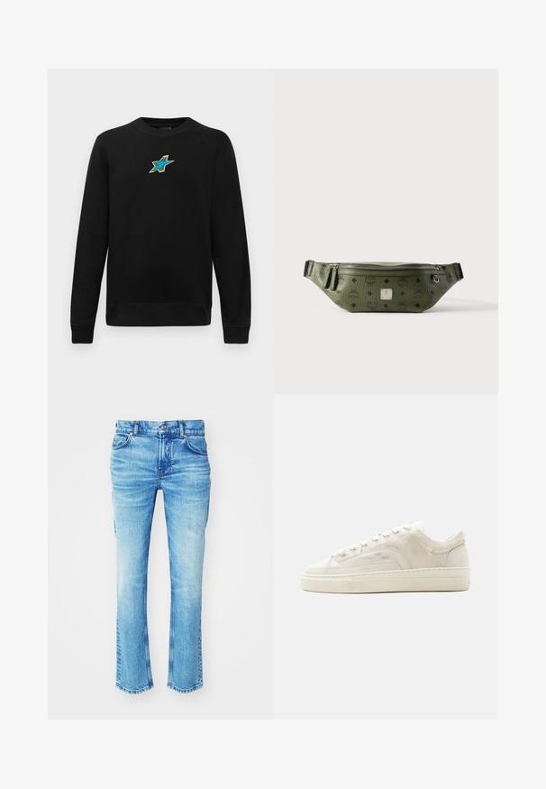 Sweatshirt noir à manches longues avec un col rond, arborant un petit motif étoile brodé bleu et vert centré sur la poitrine.; Jean en denim bleu avec un lavage délavé, design à jambe droite et ourlet brut. Présente une coupe cinq poches et des détails en métal sur les boutons.; Baskets basses blanches avec fermeture à lacets, tige en tissu texturé et semelle épaisse en caoutchouc, vues de côté extérieur sur un fond uni.; Sac banane en cuir texturé vert olive avec logos noirs, fermeture éclair argentée, doubles tirettes et plaque de marque centrale argentée.