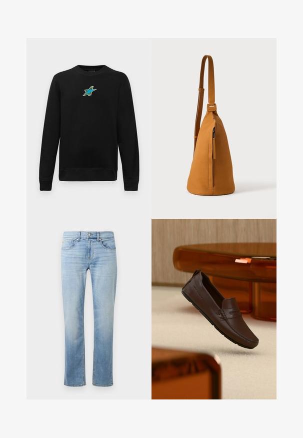 Sort langærmet crewneck sweatshirts med et lille broderet blågrønt stjernedesign centreret på brystet.; Lysblå denimjeans med lige ben-design, fem lommer, synlige sømme og en slidt finish nær lårene og knæene.; Brun læderloafer, der svæver over beige tæppe med moderne glas møbler i ravfarvet i baggrunden.; Tan læder crossbodytaske med justerbar rem og lodret lynlåslomme, vist fra siden mod en ensfarvet lys baggrund.