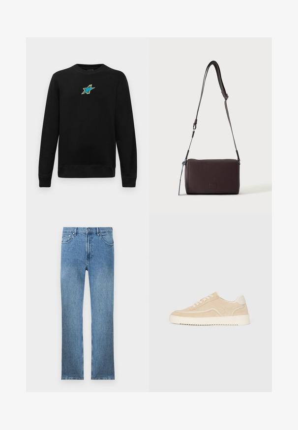 Sort langærmet crewneck sweatshirts med et lille broderet blågrønt stjernedesign centreret på brystet.; Lysblå denim jeans med lige snit, fem lommer, lynlås og kontrastsyninger. Stoffet har en glat, tekstureret overflade.; Beige ruskinds sneakers med hvid sål og snørebånd, lavtop design og zigzag mønster på sålen.; Mørkebrun textured læder crossbody taske med justerbar rem og lille dekorativ blå accent på siden.