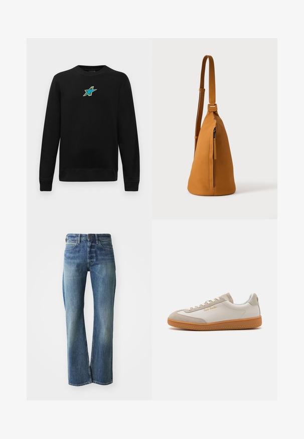 Sort langærmet crewneck sweatshirts med et lille broderet blågrønt stjernedesign centreret på brystet.; Denim jeans med en lys til mellemblå farve, lige ben skæring, klassisk fem-lommer design og subtil falmning foran.; Hvide og beige lavtoppede sneakers med gummisål, hvide snørebånd, detaljer i ruskind og guld "Paul Smith" logo på siden.; Tan læder crossbodytaske med justerbar rem og lodret lynlåslomme, vist fra siden mod en ensfarvet lys baggrund.